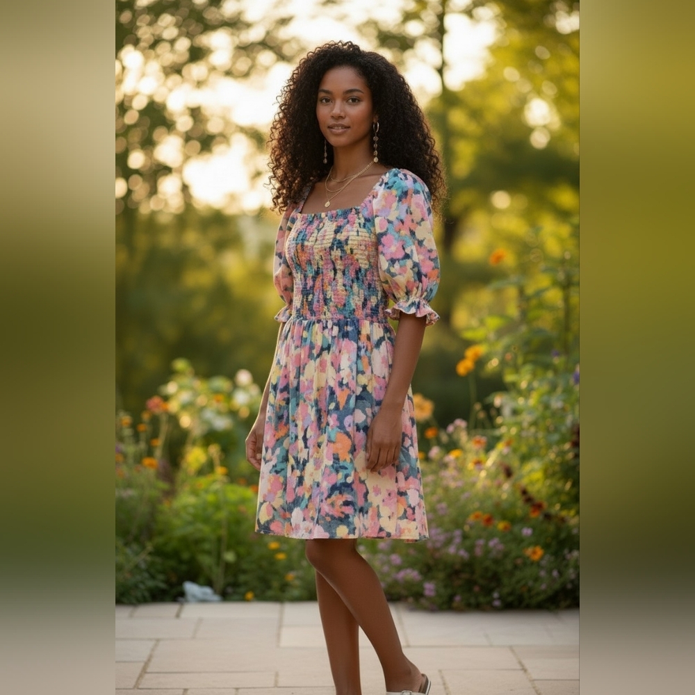 Cotton Floral Smocked Midi Dress in Pink, Blue, Peach Boho Cottage Beach